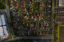 Overhead view of Bandar Seri Putra town during sunrise in Selangor, Malaysia.