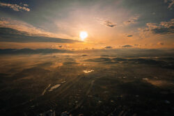 Golden sunrise aerial view in Bandar Seri Putra, Malaysia.